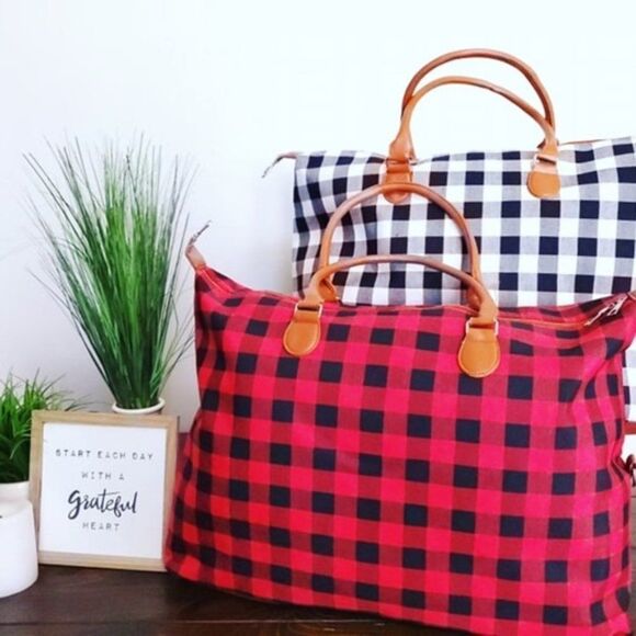 RED AND WHITE !! - BUFFALO PLAID WEEKEND BAG - Picture 5 of 6